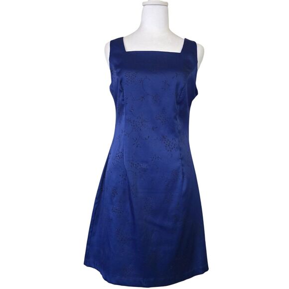 VTG City Triangles Cocktail Dress Blue Square Neck Tank Mini Dainty Floral Hoco - Picture 1 of 8